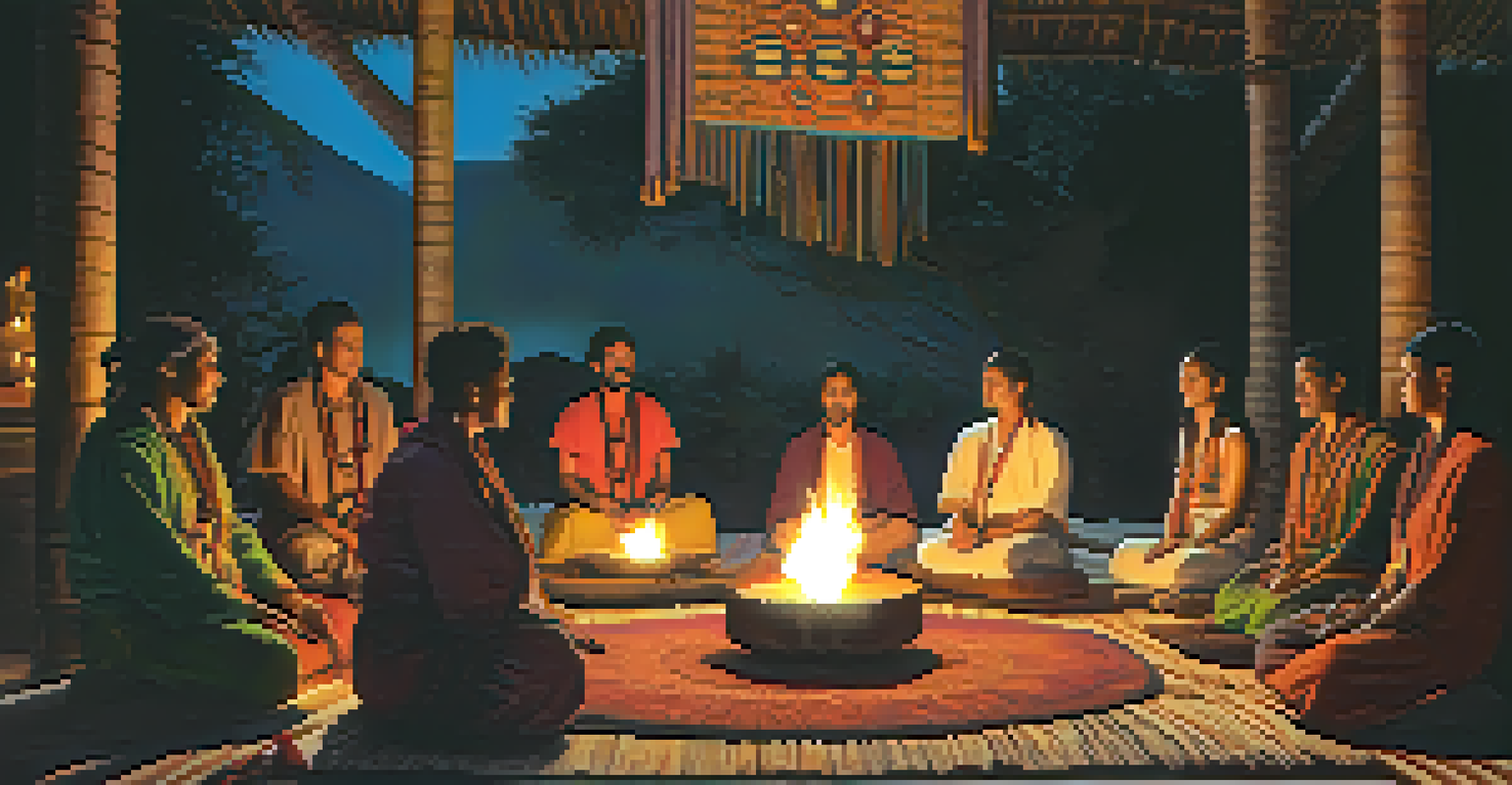 A shaman leading an Ayahuasca ceremony with participants in a dimly lit room.