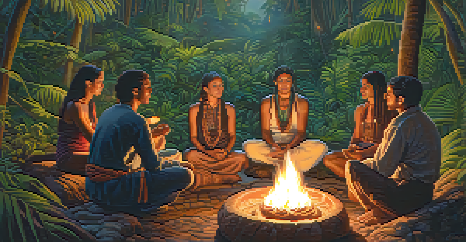 A group of people in a circle around a fire in a jungle setting, with shamanic artifacts creating a spiritual atmosphere.