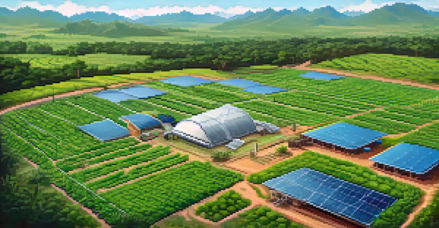 Aerial view of a sustainable ayahuasca farm with rainwater harvesting and drip irrigation systems, showcasing healthy crops.