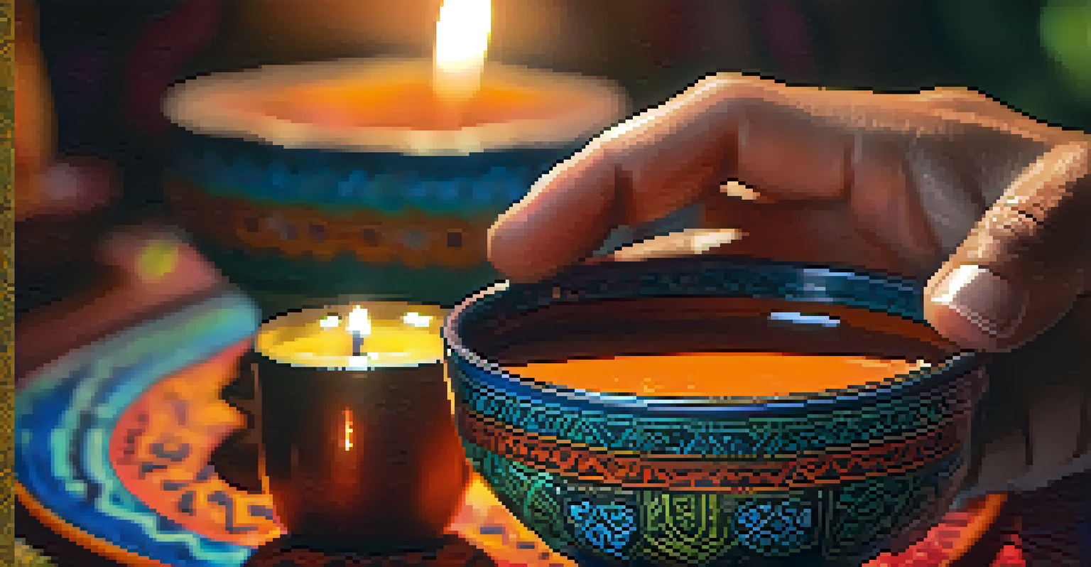 A close-up of a hand holding a traditional ceramic cup filled with Ayahuasca brew, with blurred candles and decorations in the background.