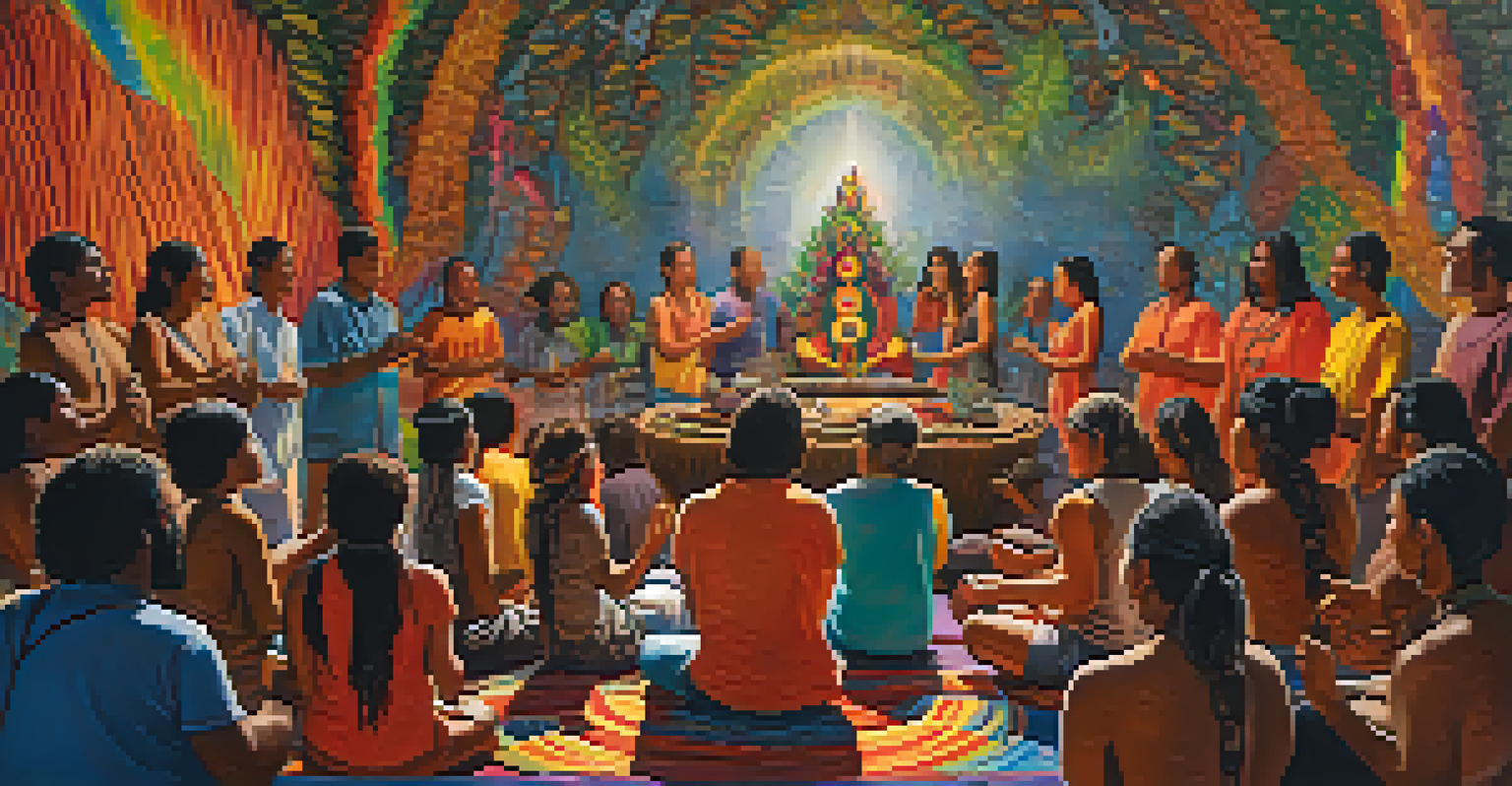 A facilitator singing traditional icaros during an Ayahuasca ceremony with participants engaged and emotional.