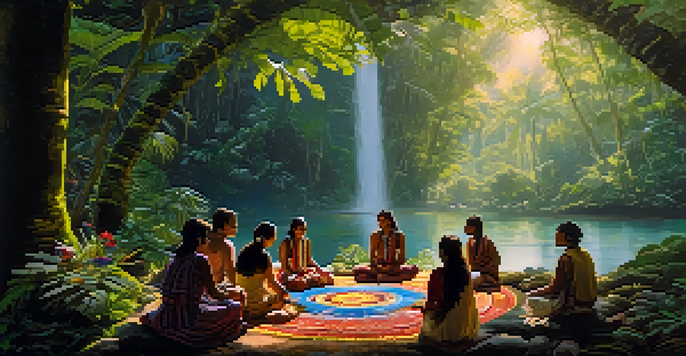 A group of diverse individuals in traditional garments gathered in a circle in the Amazon rainforest, sharing their intentions for an Ayahuasca ceremony under a sunlit canopy.