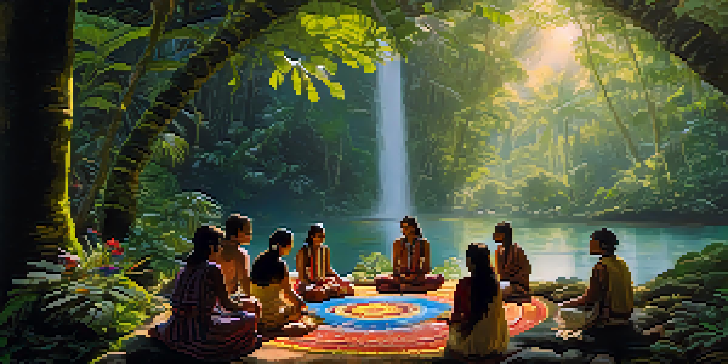 A group of diverse individuals in traditional garments gathered in a circle in the Amazon rainforest, sharing their intentions for an Ayahuasca ceremony under a sunlit canopy.