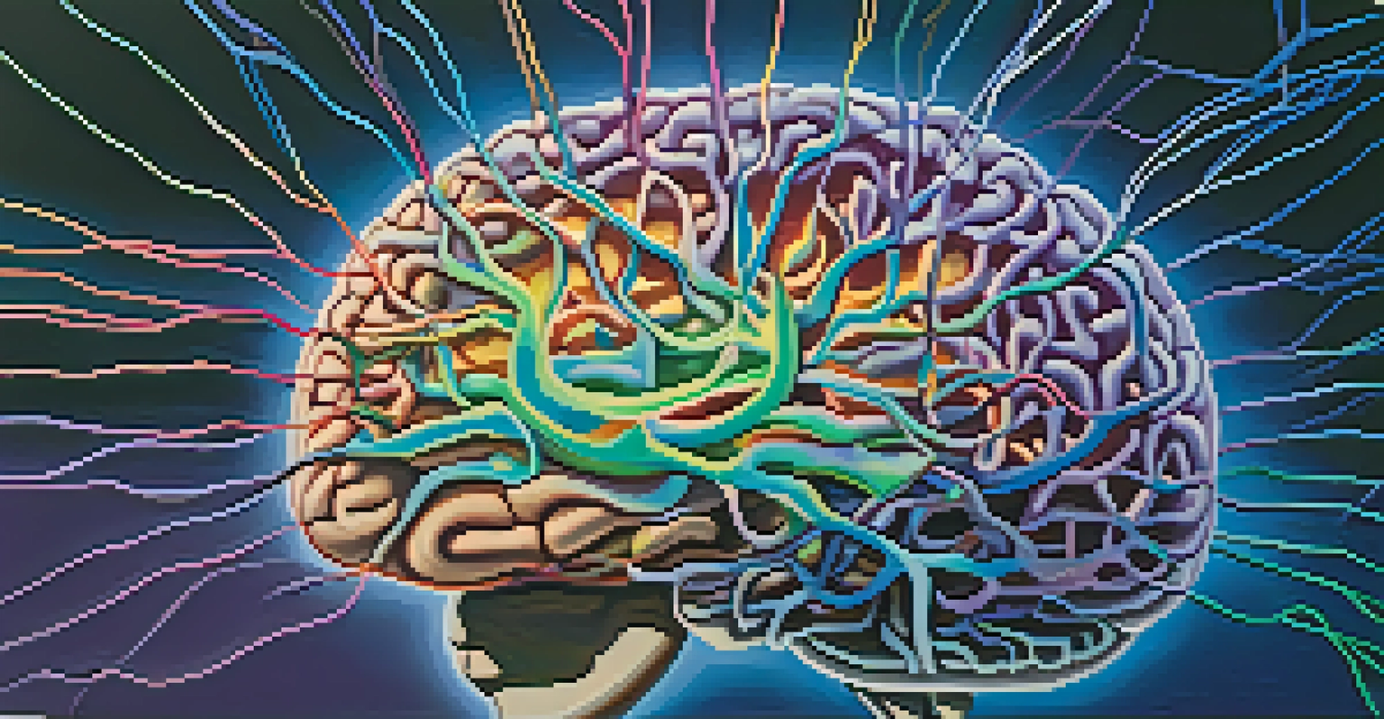 An artistic depiction of a brain with illuminated neural pathways, set against a gradient background, representing the effects of Ayahuasca on mental health.