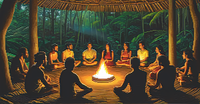 A group of participants sitting in a circle around a glowing fire during an ayahuasca ceremony in the Amazon rainforest, surrounded by lush greenery and expressing various emotions.