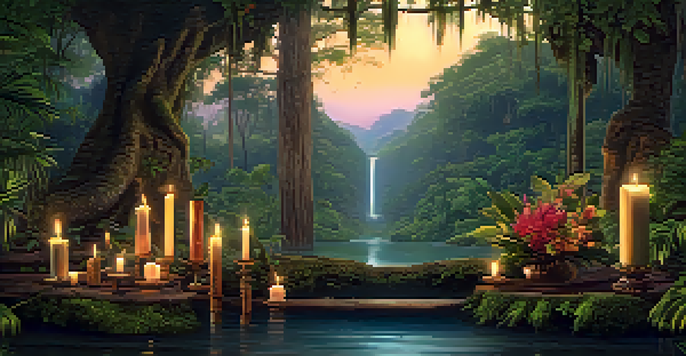 A peaceful Amazon rainforest scene during dusk featuring a wooden shamanic altar decorated with flowers and candles, surrounded by trees and a river.