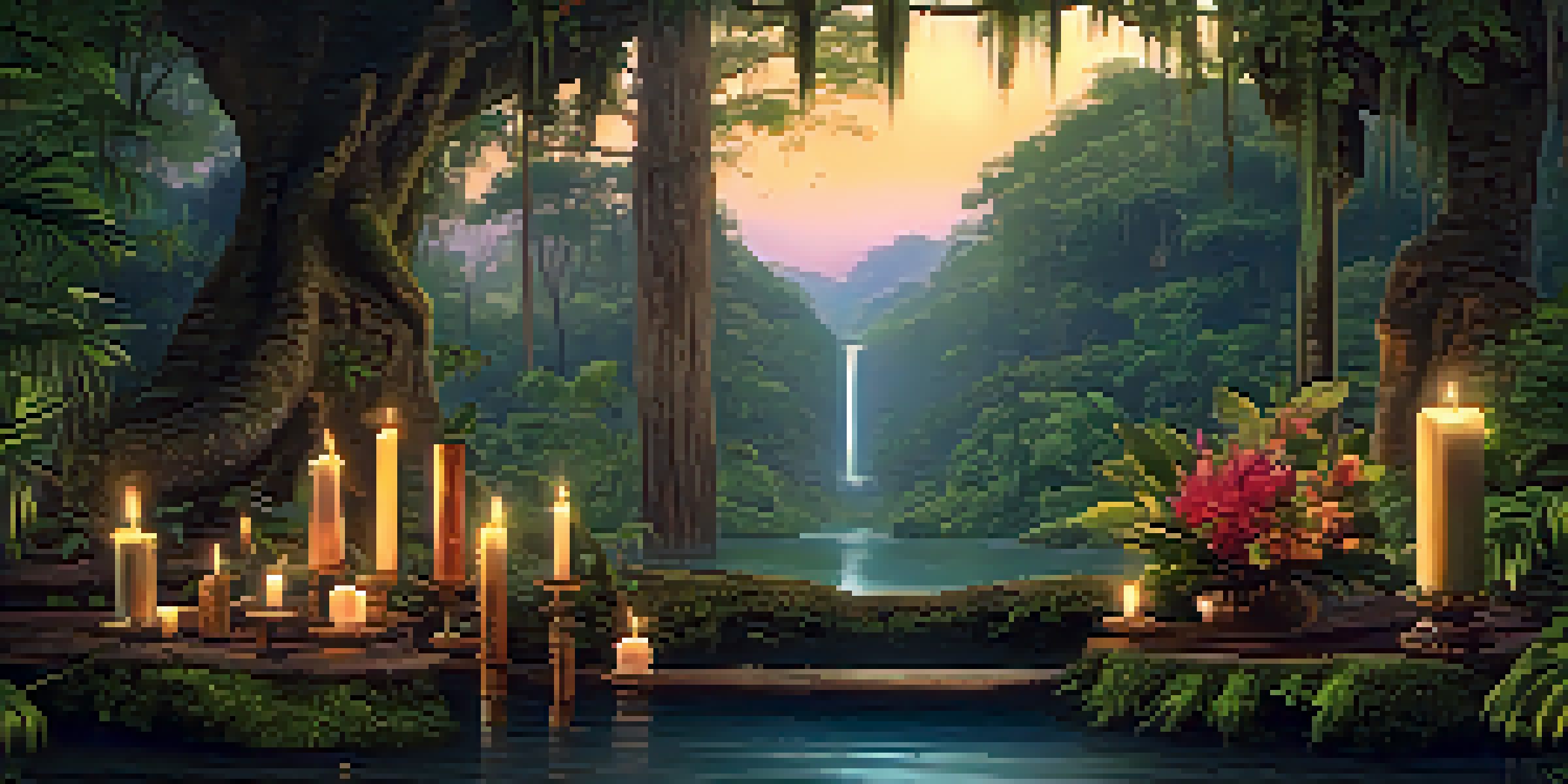 A peaceful Amazon rainforest scene during dusk featuring a wooden shamanic altar decorated with flowers and candles, surrounded by trees and a river.