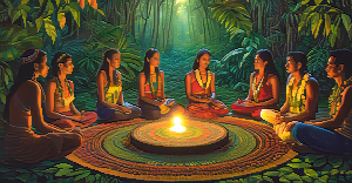 Participants in a circle during an Ayahuasca ceremony in the Amazon rainforest, illuminated by warm candlelight amidst lush greenery.