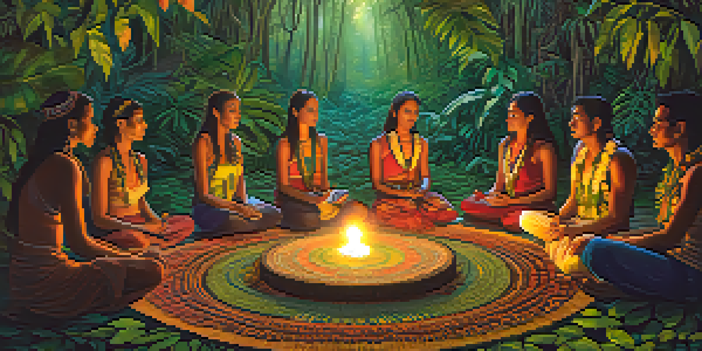 Participants in a circle during an Ayahuasca ceremony in the Amazon rainforest, illuminated by warm candlelight amidst lush greenery.