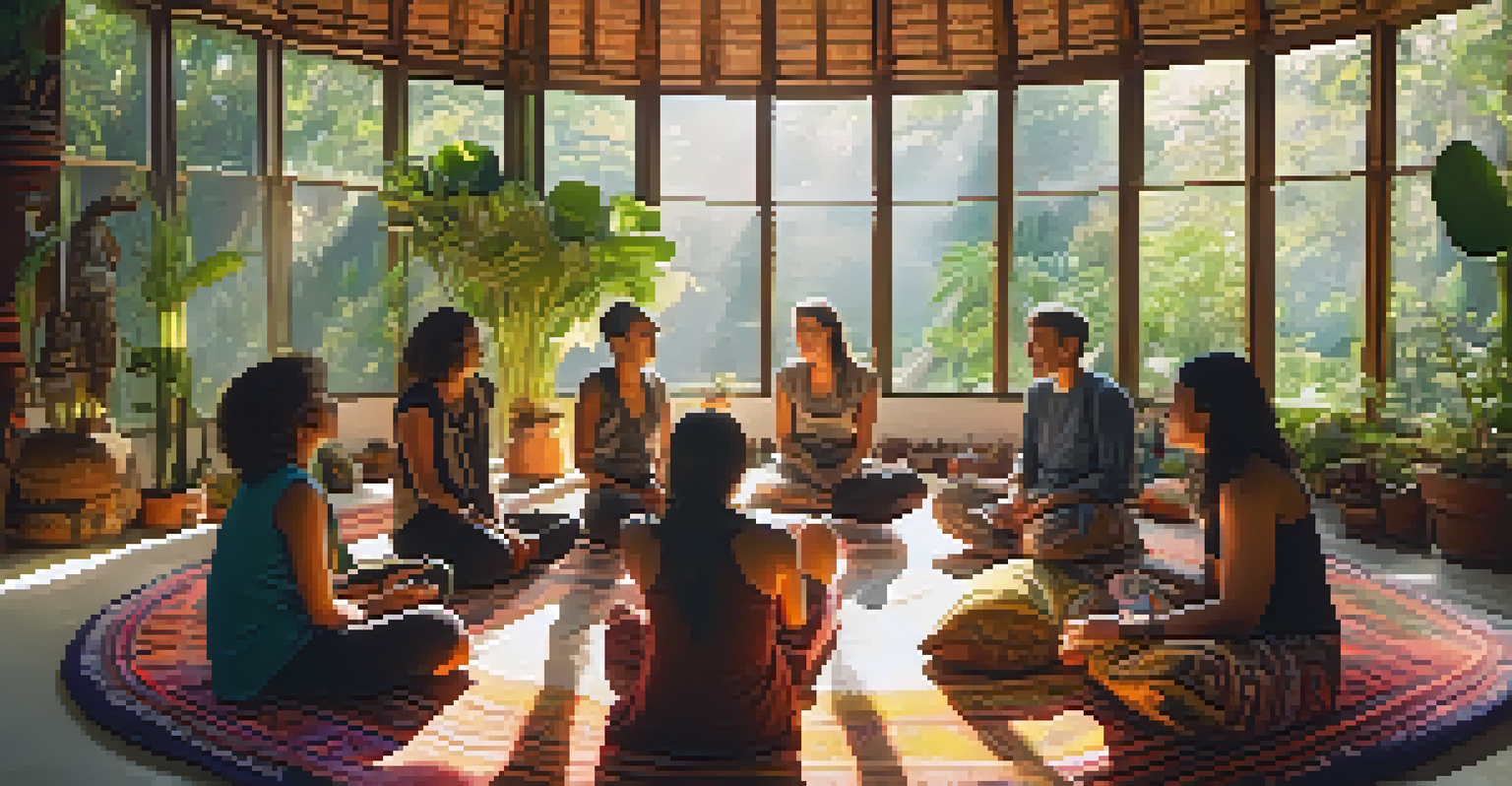 Participants seated in a circle in a sunlit room, sharing their Ayahuasca experiences, surrounded by plants and spiritual symbols.
