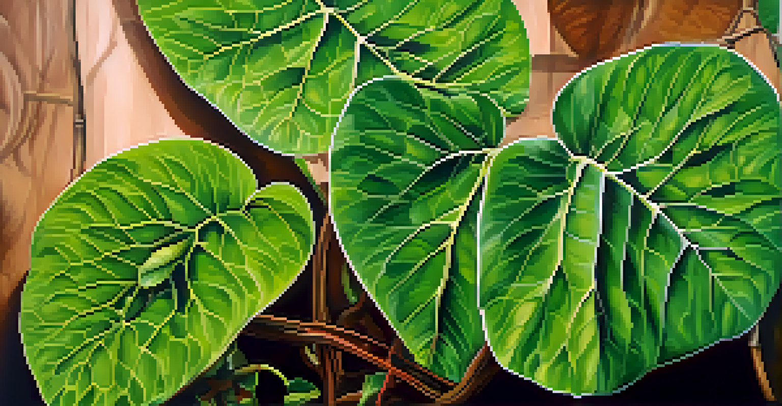 A detailed close-up of the Banisteriopsis caapi vine and Psychotria viridis leaves, showcasing their textures and vibrant green colors in soft natural light.
