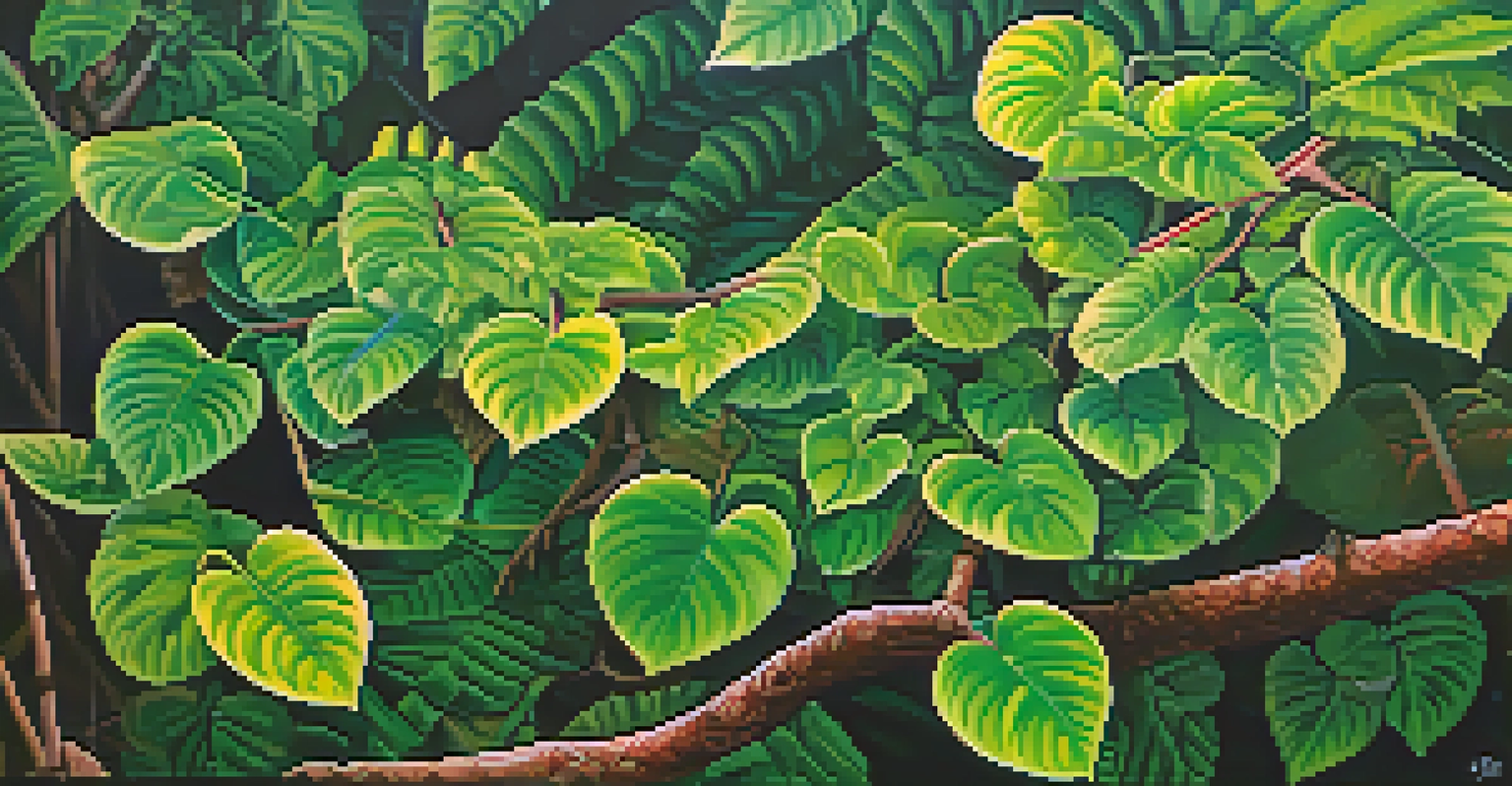 A close-up view of the ayahuasca vine with detailed leaves, set in the lush Amazon rainforest.