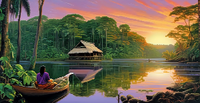 A peaceful Amazon rainforest at sunset with colorful skies and an indigenous person preparing ayahuasca surrounded by natural artifacts.