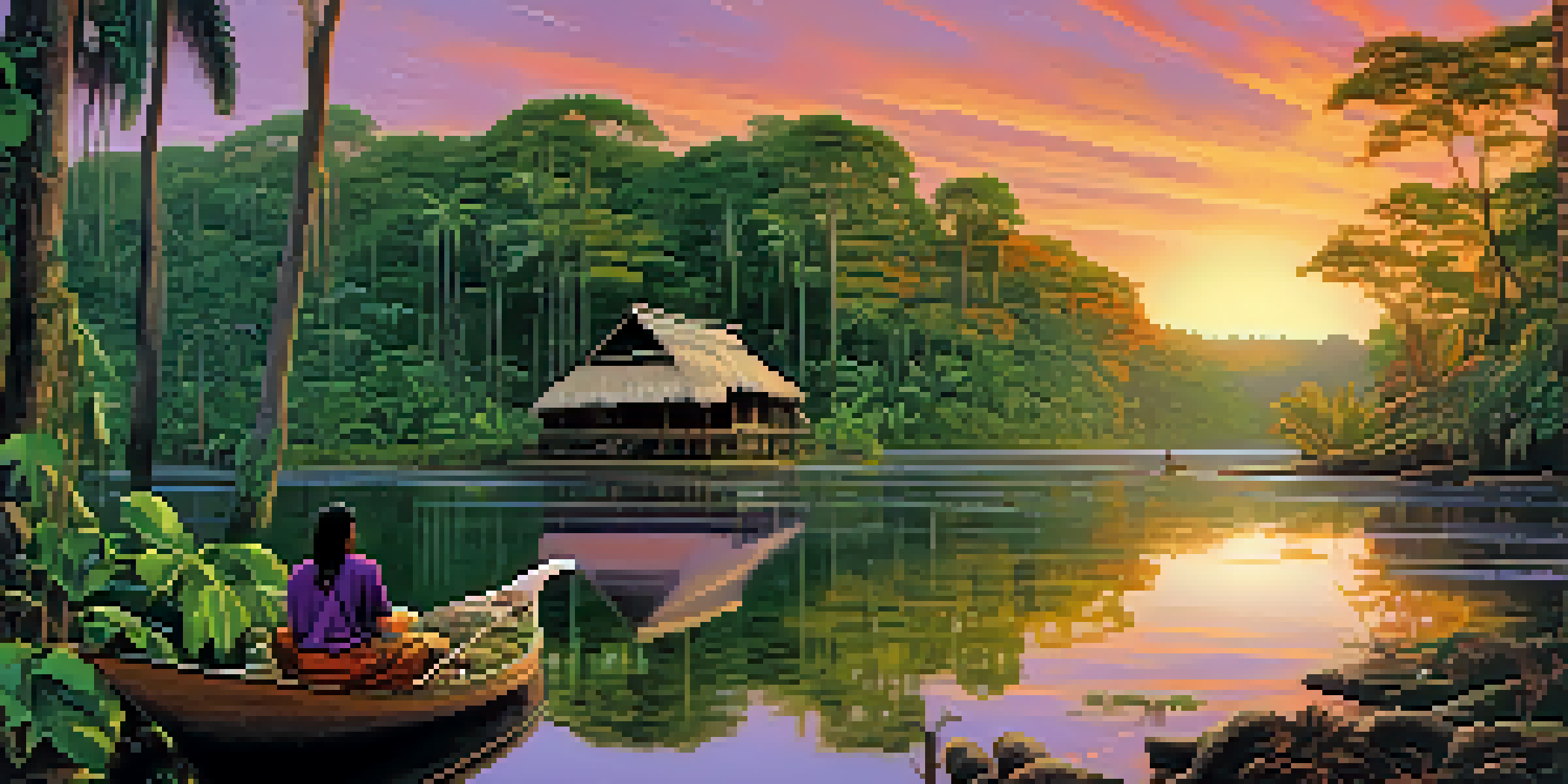 A peaceful Amazon rainforest at sunset with colorful skies and an indigenous person preparing ayahuasca surrounded by natural artifacts.
