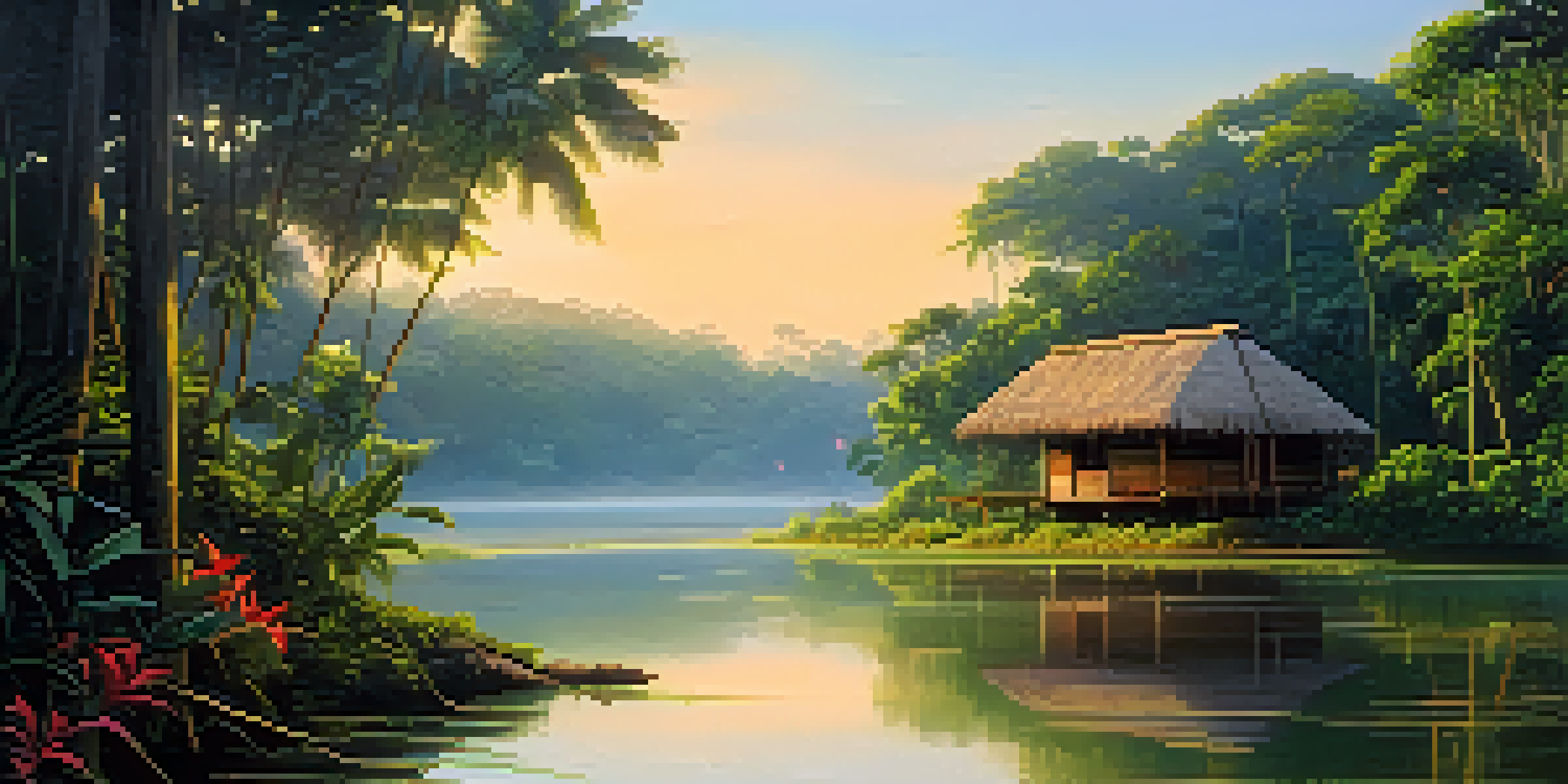 A peaceful scene in the Amazon rainforest at dawn, showcasing a traditional wooden hut, colorful tropical flowers, and a river reflecting the morning light.