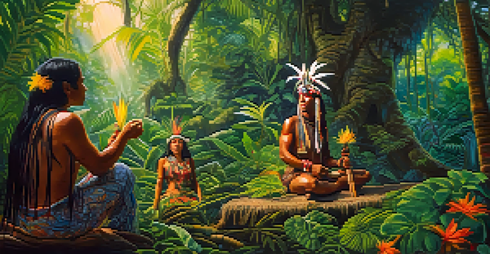 An Indigenous shaman in the Amazon rainforest preparing Ayahuasca, surrounded by vibrant flora and soft sunlight filtering through the trees.
