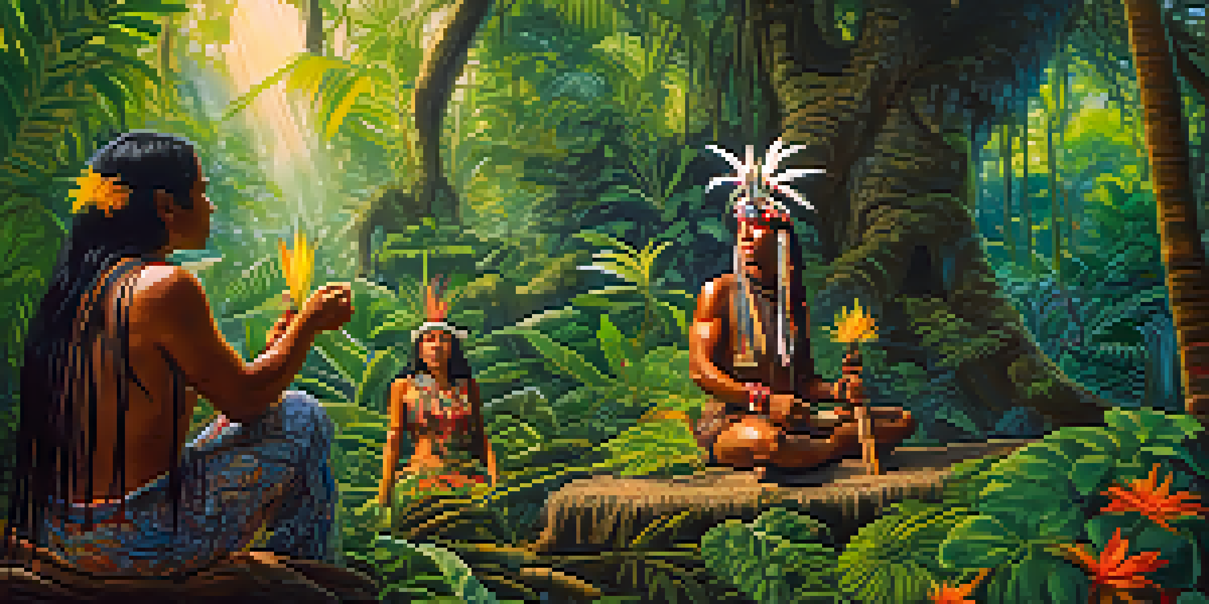 An Indigenous shaman in the Amazon rainforest preparing Ayahuasca, surrounded by vibrant flora and soft sunlight filtering through the trees.