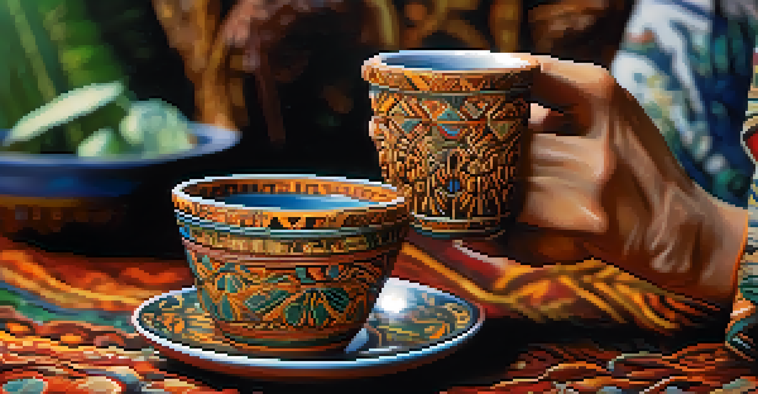 A close-up image of a hand holding a ceramic cup filled with ayahuasca brew against a softly blurred natural background.
