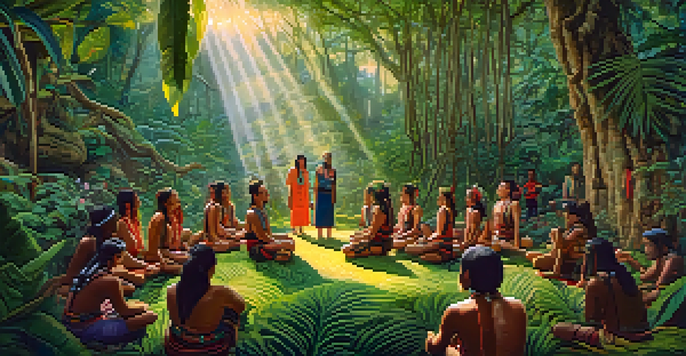 A traditional ayahuasca ceremony in the Amazon rainforest, featuring a shaman and participants surrounded by lush greenery and filtered sunlight.
