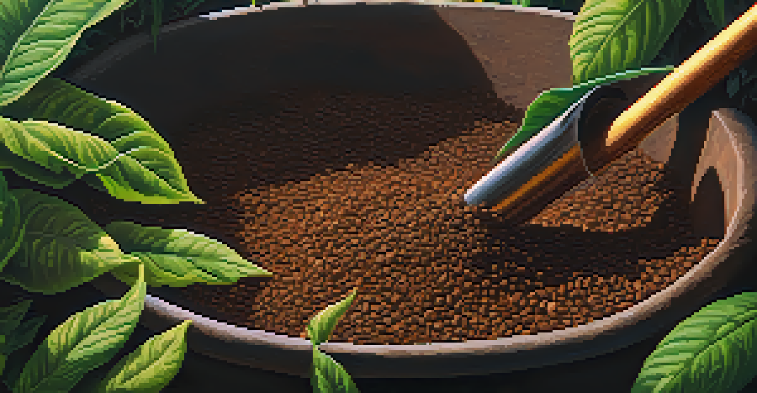 Close-up of organic fertilizers spread around an Ayahuasca plant, showcasing rich textures and bright green leaves.