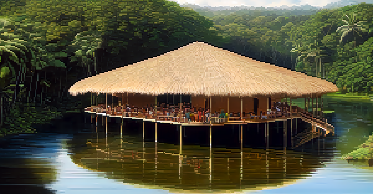 An aerial view of an Ayahuasca retreat, with participants in a ceremony under a thatched-roof structure, surrounded by lush trees and a river.