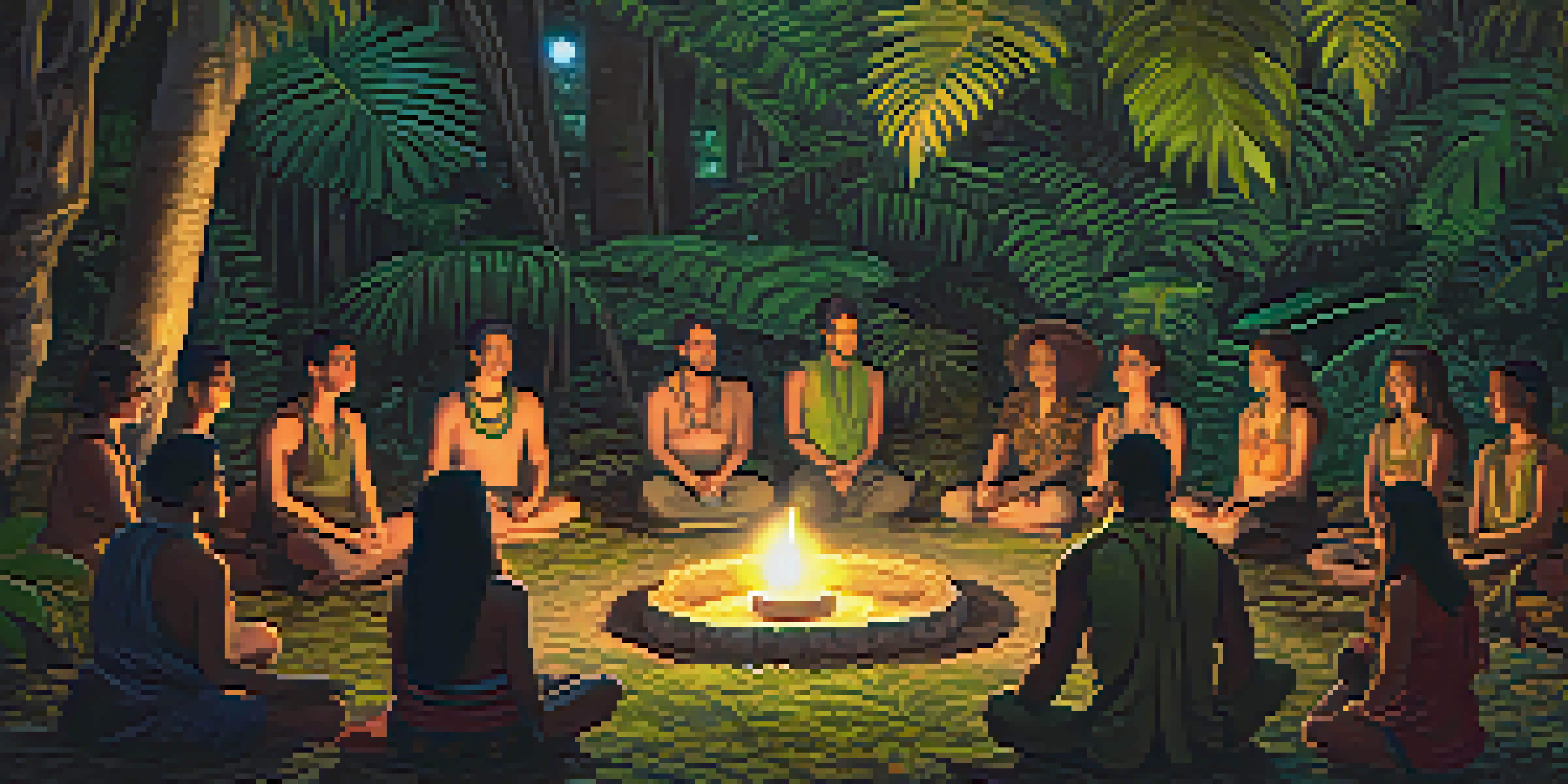 A peaceful Ayahuasca ceremony in a lush rainforest, with participants sitting in a circle, illuminated by soft candlelight.