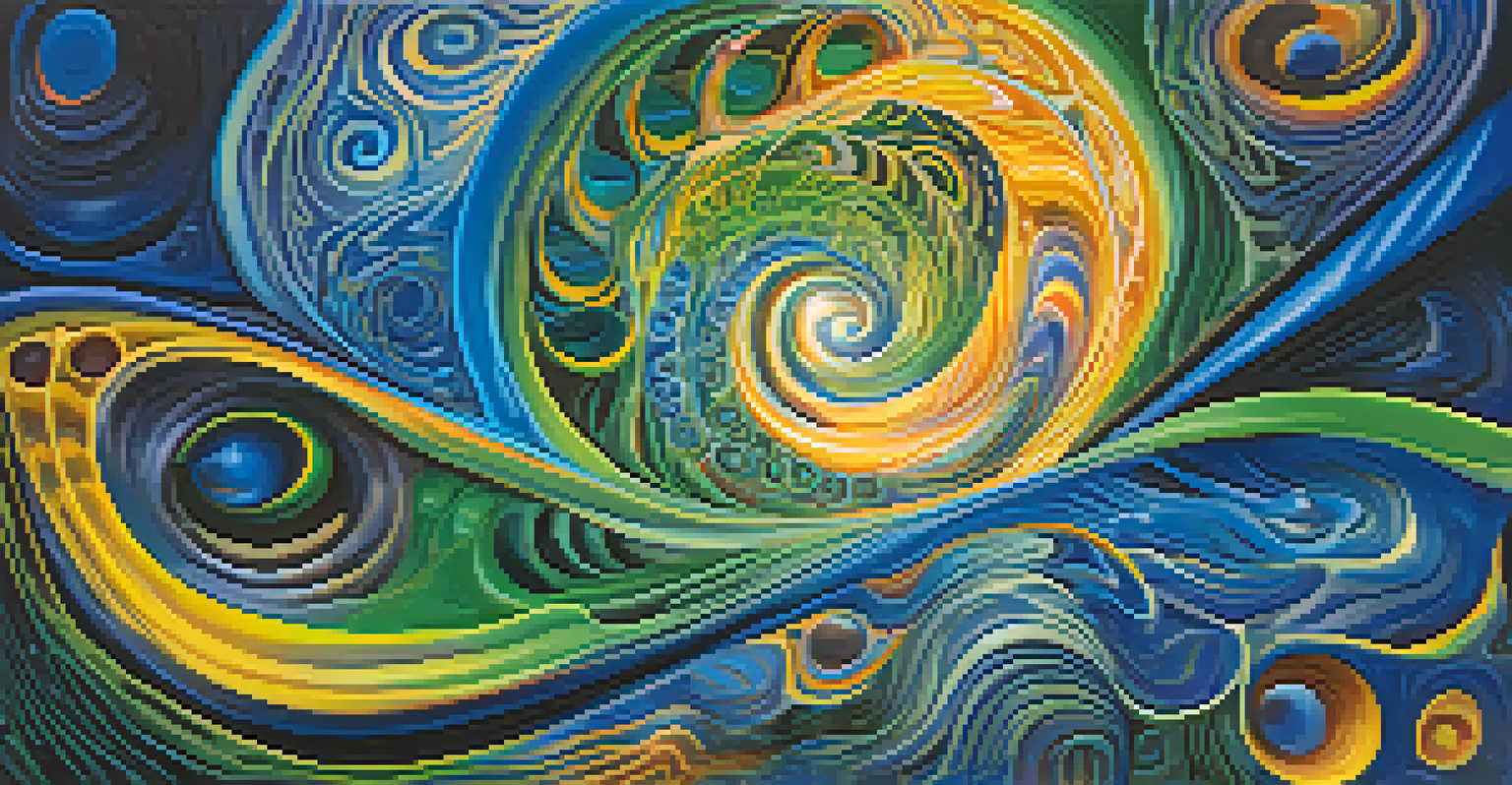 An abstract image representing the perception of time during an Ayahuasca experience, with swirling colors and spiritual symbols.