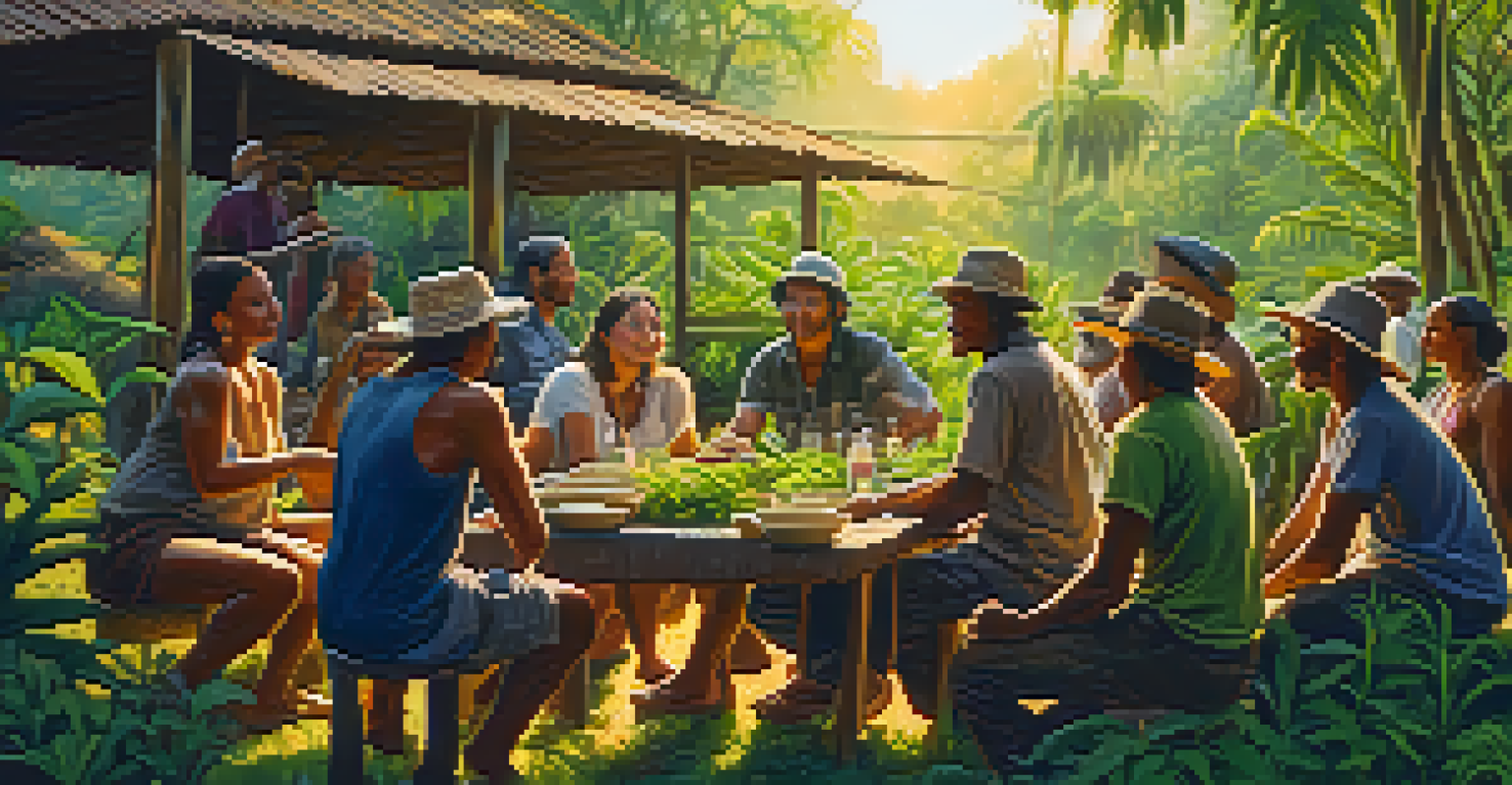 A group of local farmers discussing sustainable ayahuasca farming practices in a lush outdoor setting under warm sunlight.