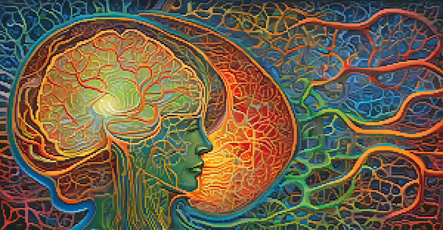 An artistic depiction of a human brain with colorful neural pathways and glowing synapses, representing the effects of ayahuasca on emotions and thoughts.