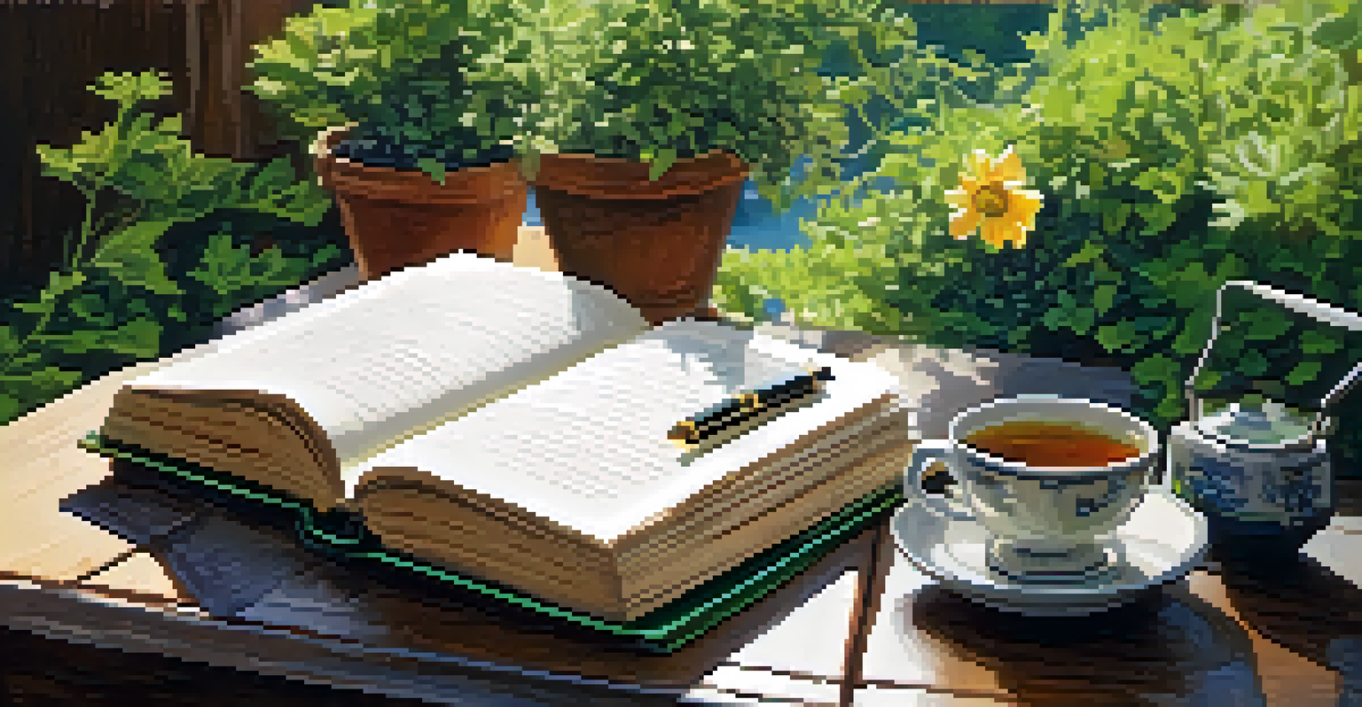 A cozy outdoor space with a journal, pen, and tea on a wooden table surrounded by plants and flowers.