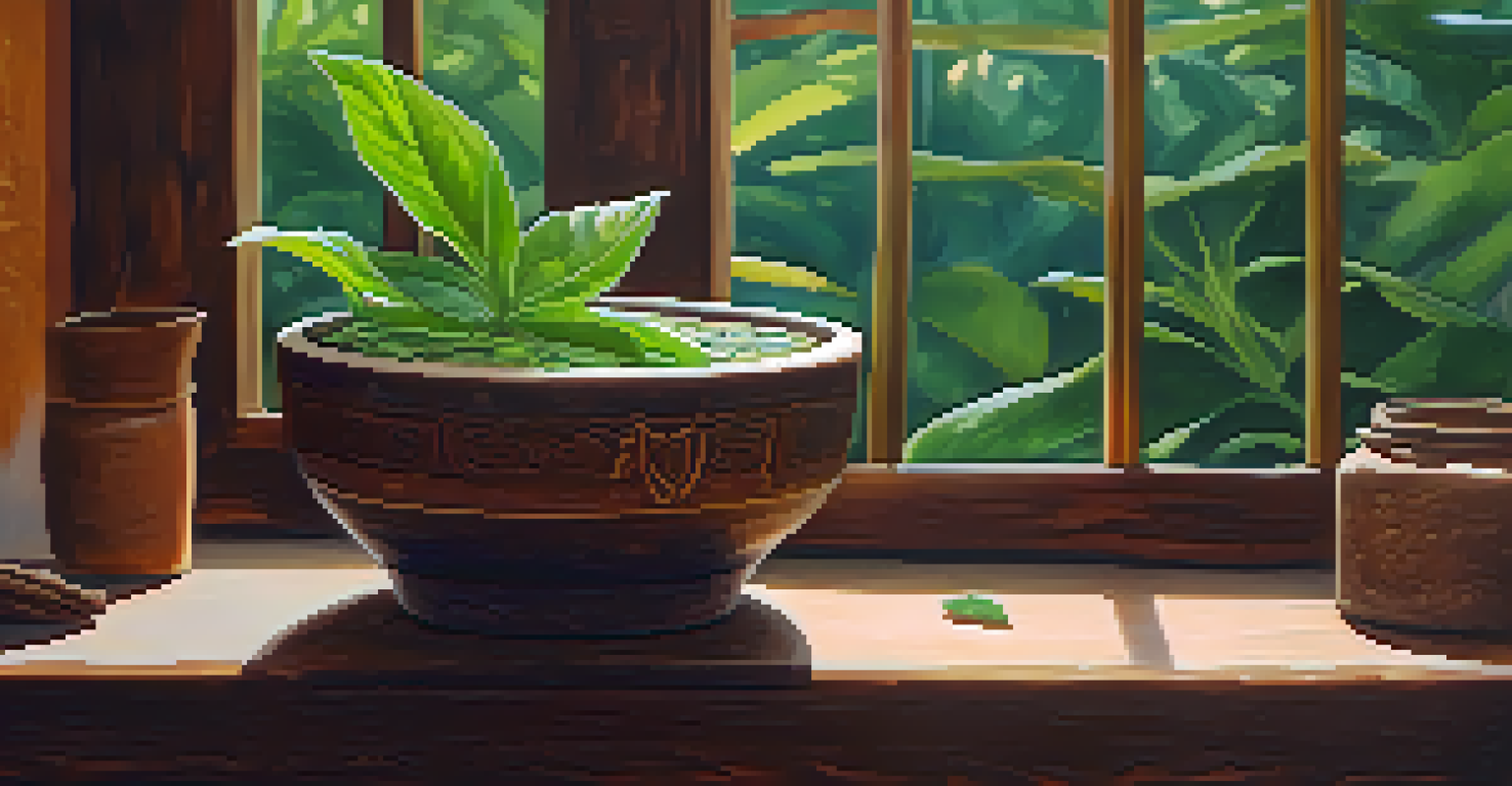 A close-up of ayahuasca brew in a clay cup, surrounded by fresh herbs on a wooden table.