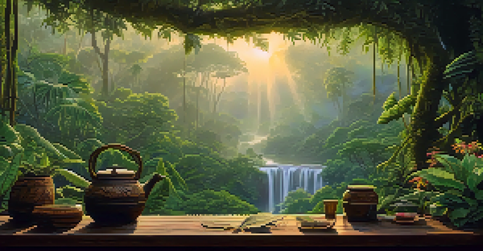 A tranquil Amazon rainforest at dawn, featuring lush greenery and a traditional Ayahuasca brew on a wooden table.