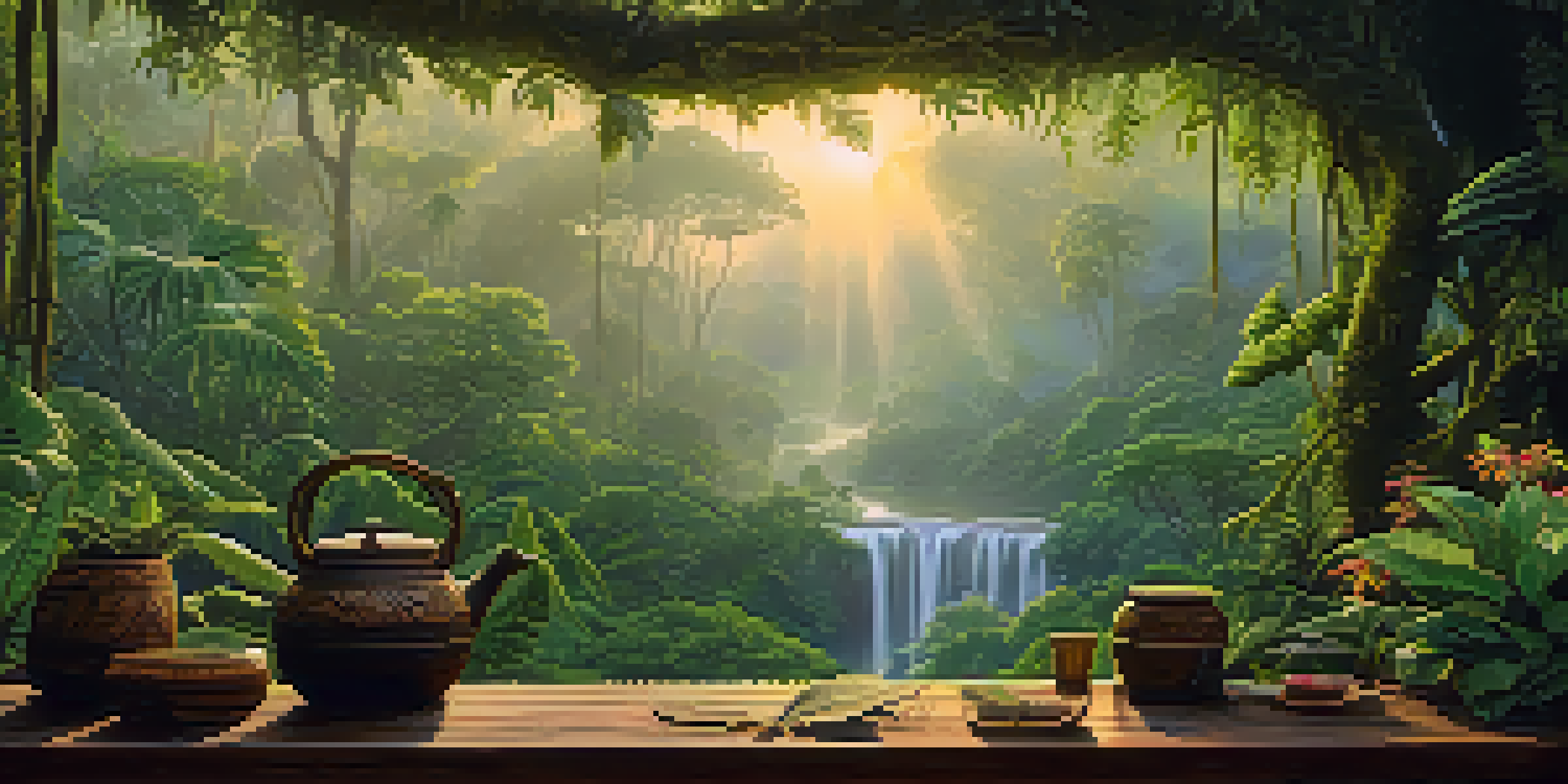 A tranquil Amazon rainforest at dawn, featuring lush greenery and a traditional Ayahuasca brew on a wooden table.