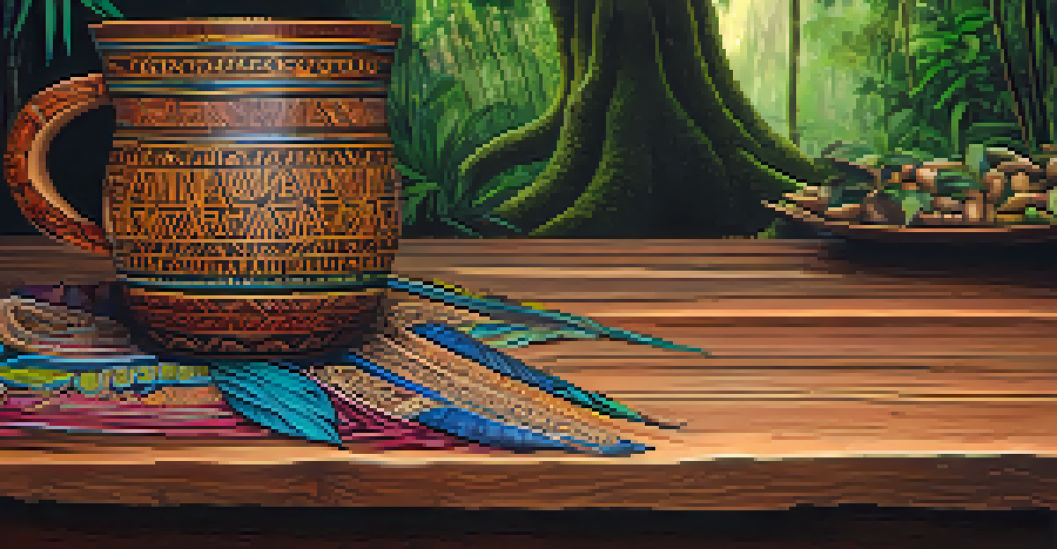 A decorative ceremonial cup filled with Ayahuasca on a wooden table, with blurred rainforest background.