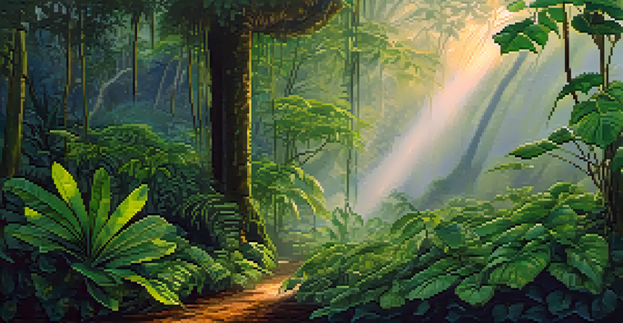 A tranquil view of an Amazon rainforest at dawn, featuring vines and leaves with soft light filtering through the trees.