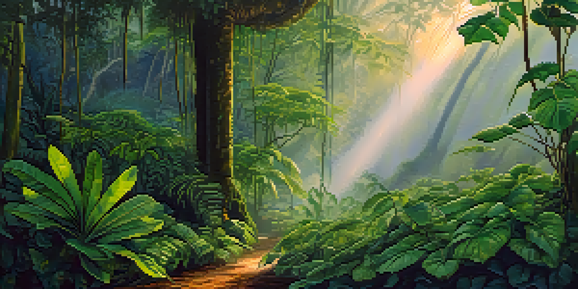 A tranquil view of an Amazon rainforest at dawn, featuring vines and leaves with soft light filtering through the trees.