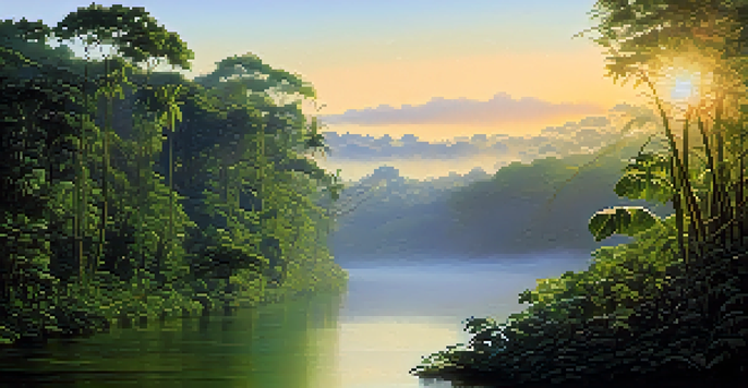 A beautiful Amazon rainforest scene at sunrise, featuring green foliage and a calm river.
