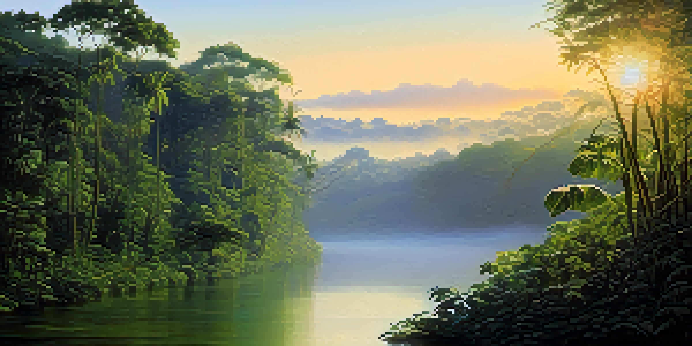 A beautiful Amazon rainforest scene at sunrise, featuring green foliage and a calm river.