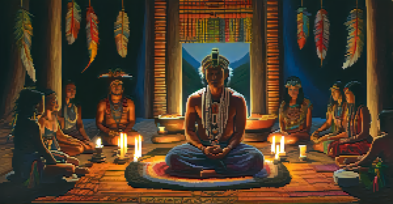 A shaman guiding an Ayahuasca ceremony in a dimly lit room filled with ceremonial objects and soft candlelight.