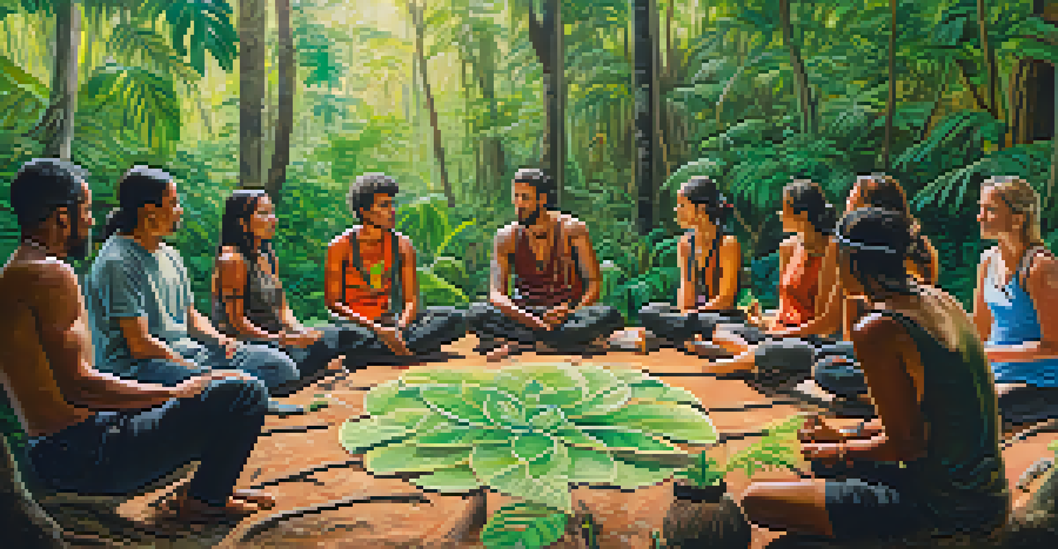 An outdoor workshop on sustainable ayahuasca practices with diverse participants engaged in discussion, surrounded by nature and educational materials.