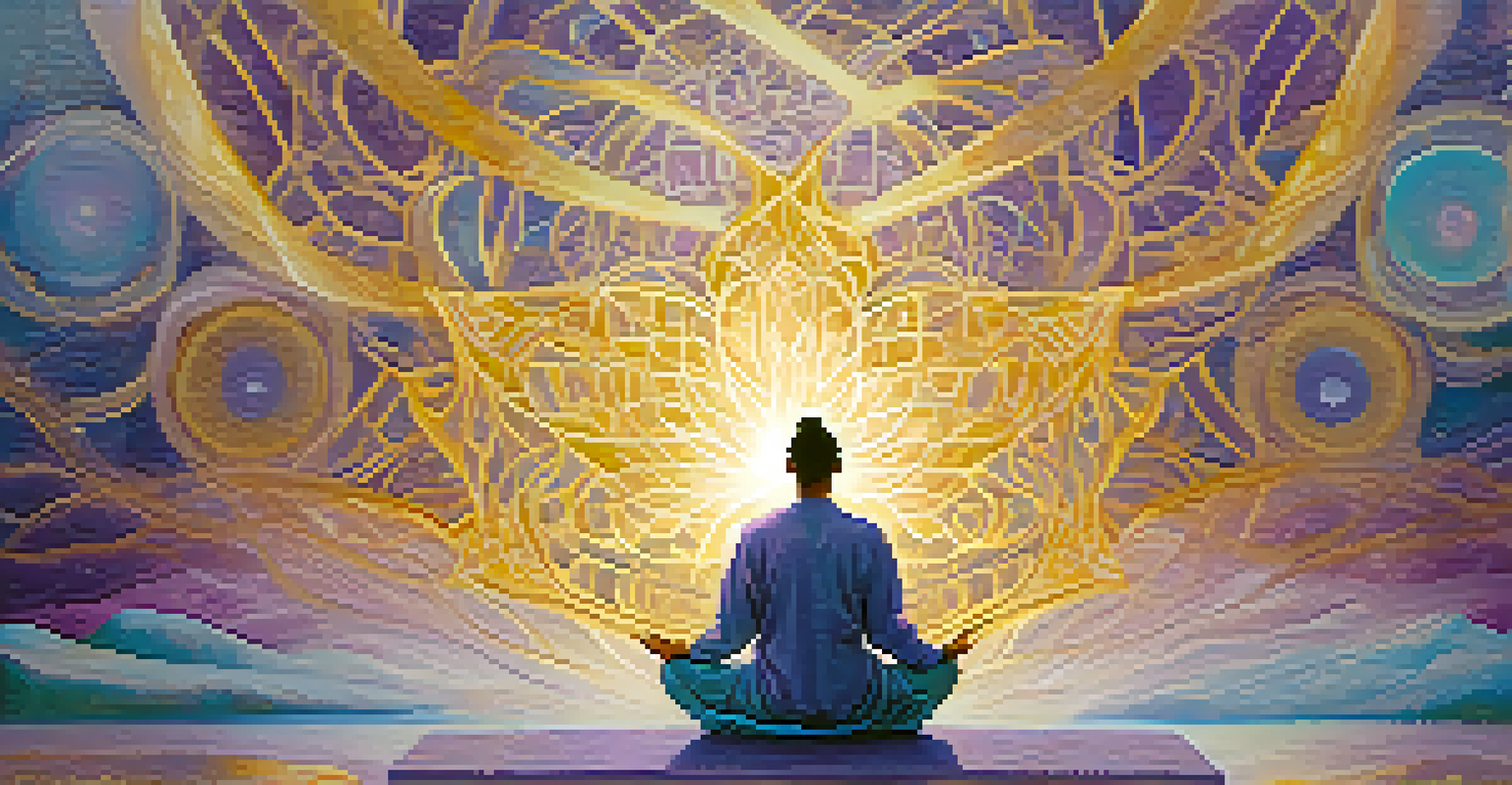A meditative figure surrounded by colorful abstract patterns representing altered consciousness and spiritual awakening.