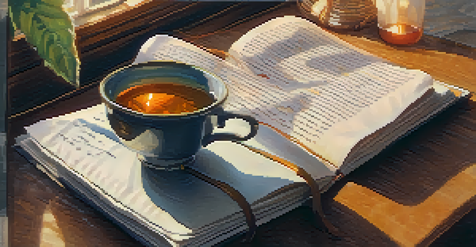 A close-up of an open journal with handwritten notes about sensations and emotions, alongside a cup of herbal tea and a cozy blanket.