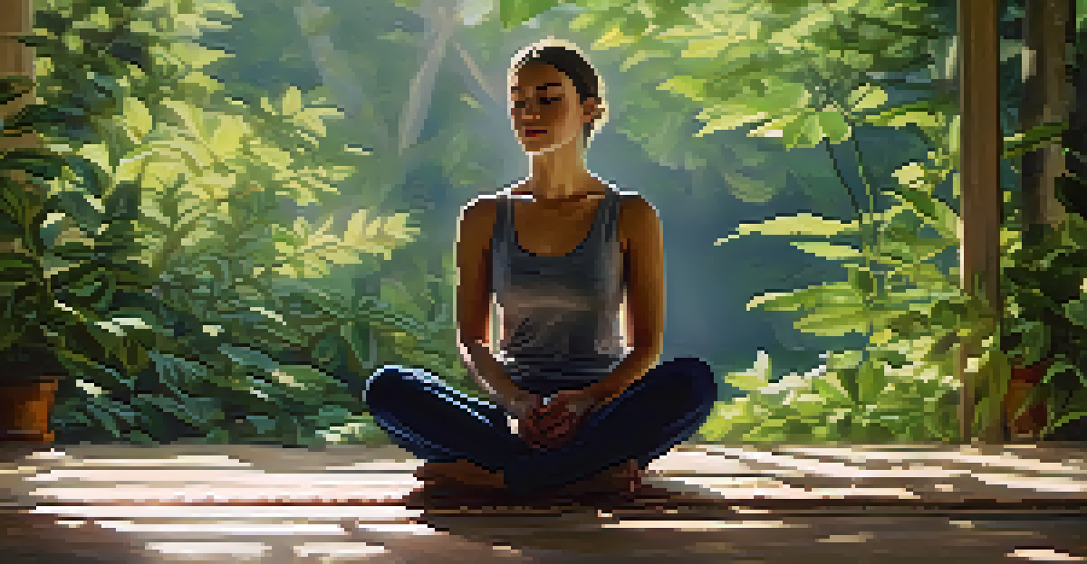 A person meditating with closed eyes, practicing breathwork in a serene environment with soft light and blurred greenery in the background.