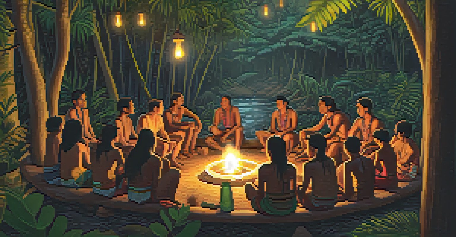An indigenous community participating in an ayahuasca ceremony surrounded by lush jungle, illuminated by lantern light.