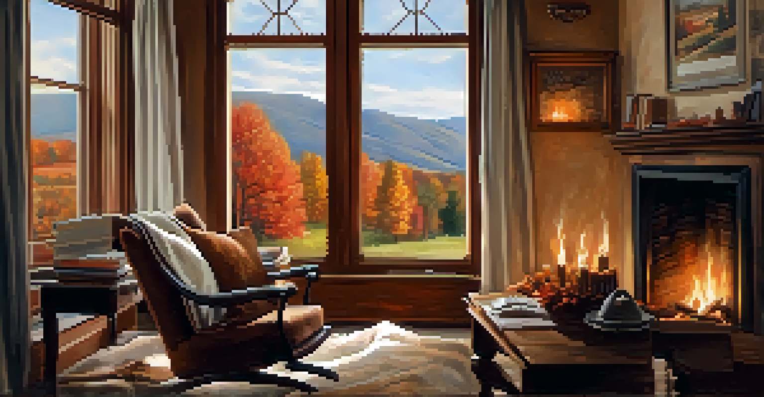 A person reading a book by the fireplace in a cozy indoor setting, with autumn leaves visible through the window.