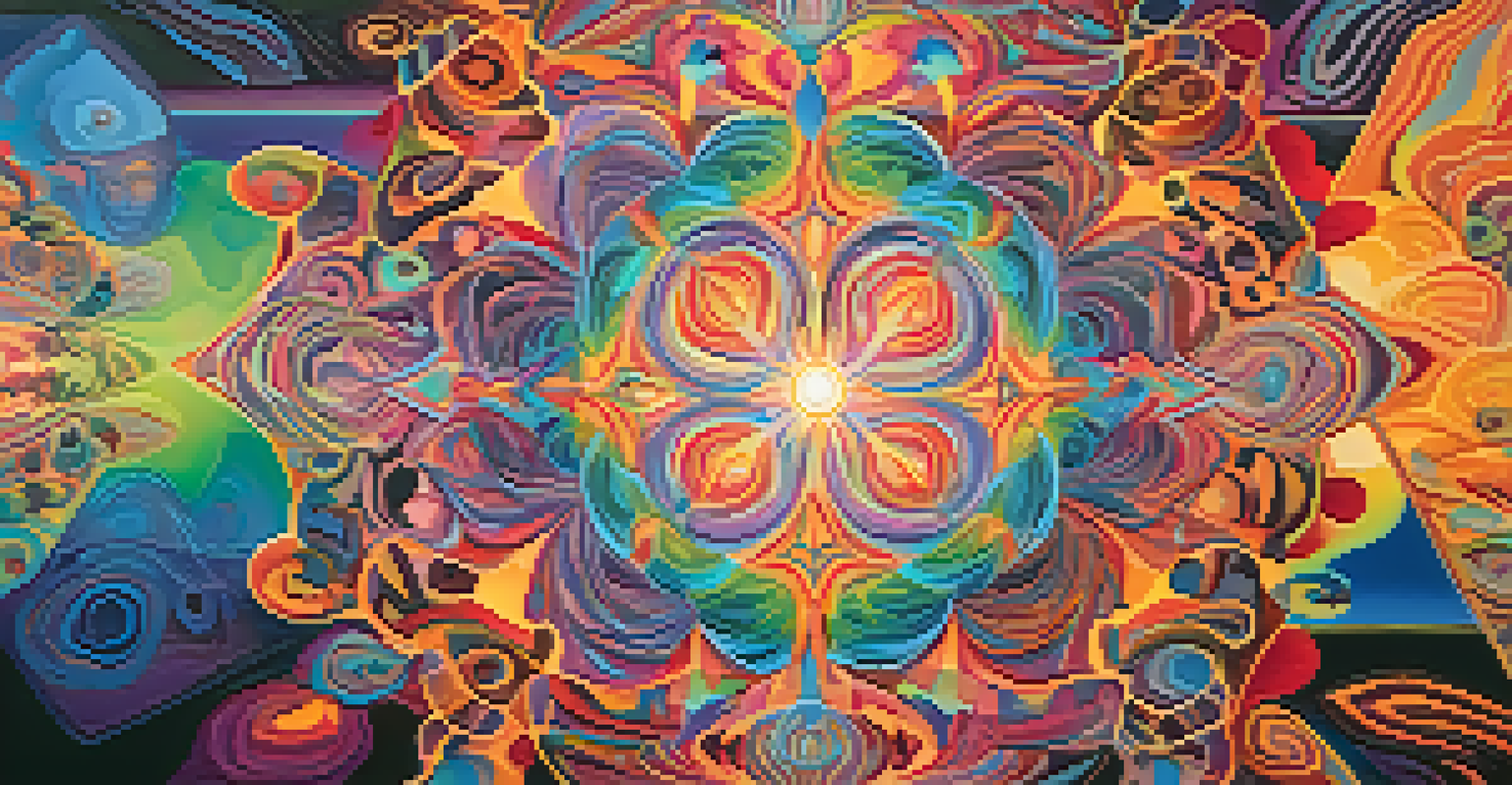 A colorful abstract illustration depicting a psychedelic experience with swirling patterns and meditative silhouettes.
