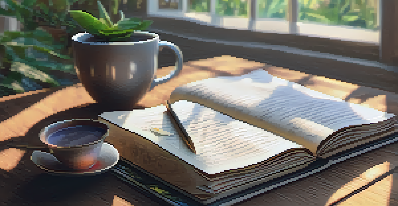 A close-up of a journal with handwritten notes and a cup of herbal tea, symbolizing reflection and personal growth.