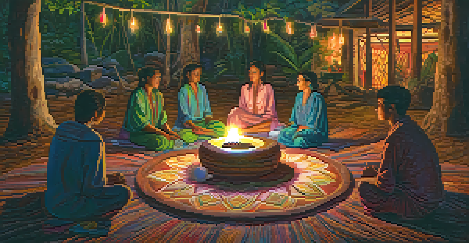 Participants in a circle during an Ayahuasca ceremony, illuminated by candlelight, surrounded by colorful textiles and nature.