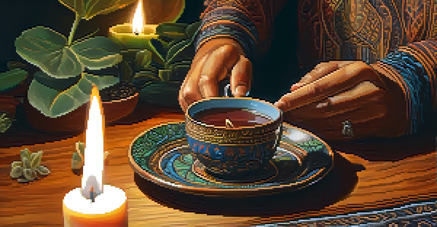 Close-up of hands holding a cup of Ayahuasca tea on a wooden table, surrounded by natural elements and candlelight, creating a warm and inviting atmosphere.