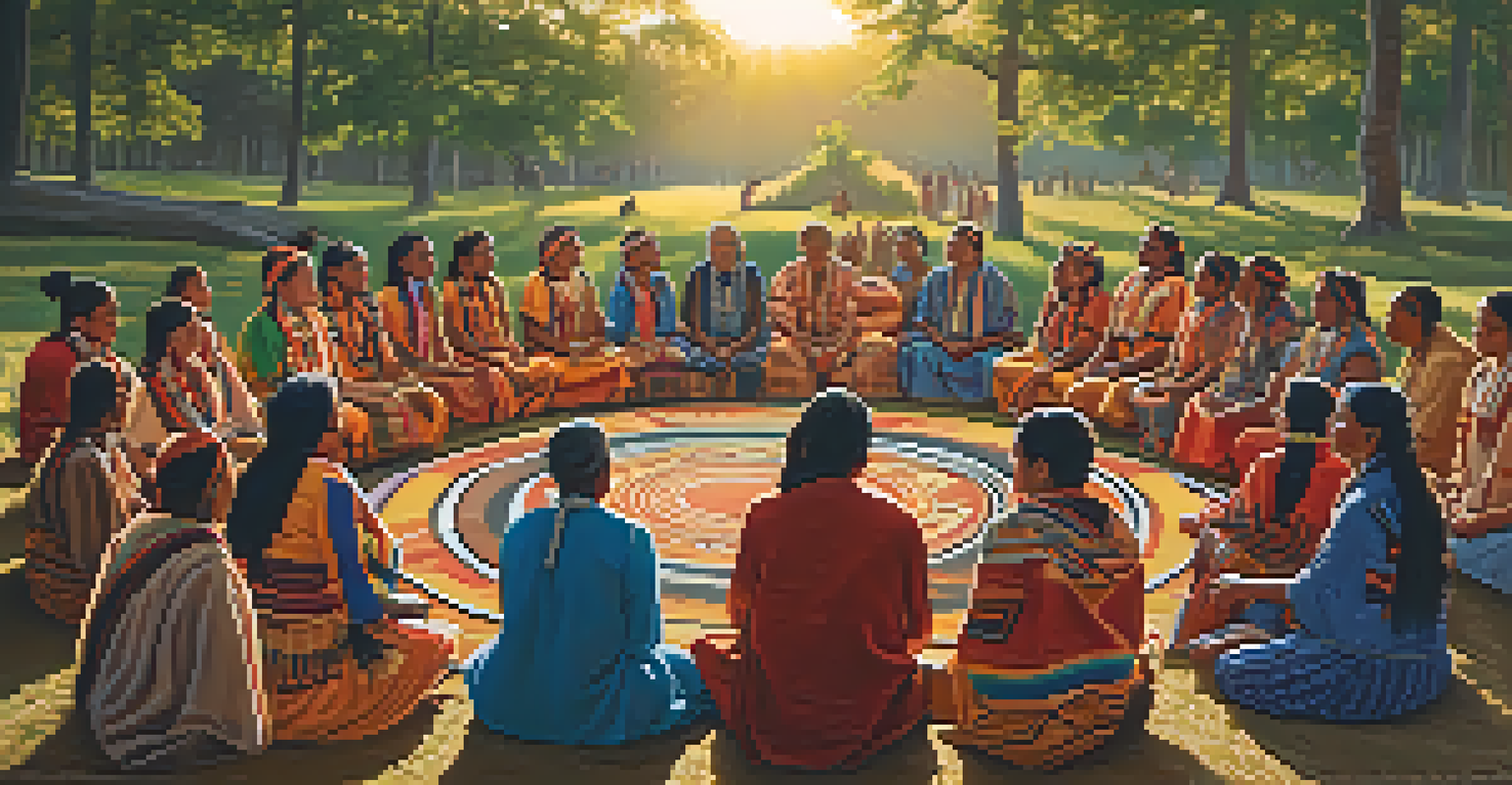 A circle of indigenous people in traditional attire gathered for a ceremony in a lush green clearing at sunset, surrounded by trees.
